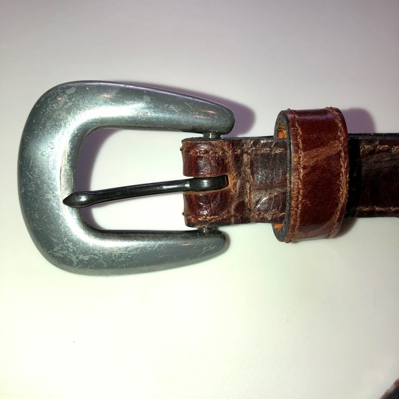 πHPπ JOAN & DAVID Brown Leather Croc Embossed Belt Silver Buckle + Tip Vintage - Picture 11 of 15